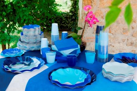 כלים חד פעמיים בגווני כחול, כחול נייבי, טורקיז, תכלת וגווני הלבן.